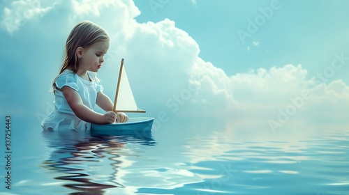 A pretty girl playing with a toy boat and floating on imaginary seas against a serene blue background.