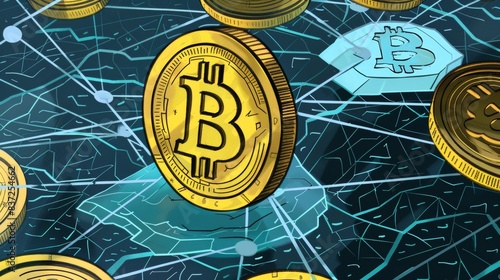 The image shows several gold bitcoins over a blue background with white lines. photo