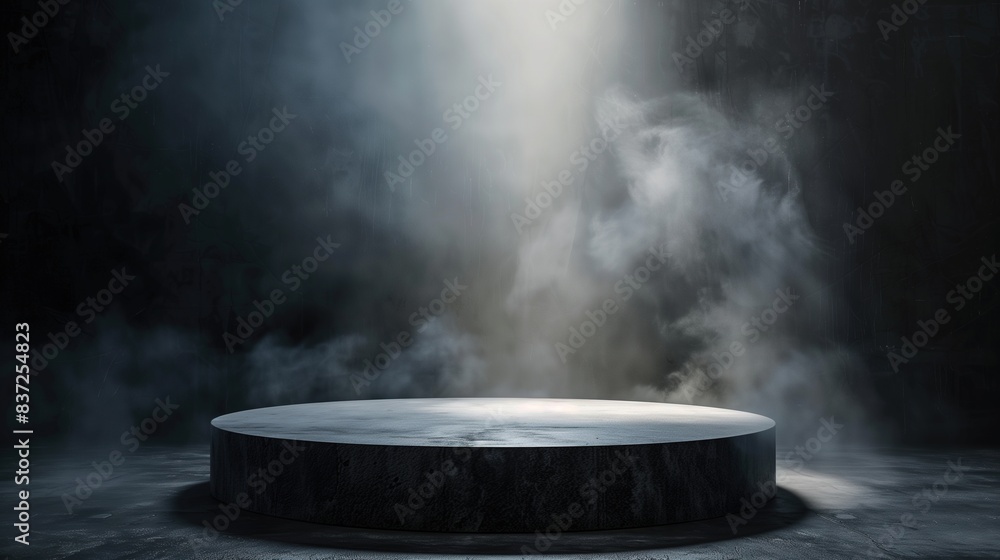 Dark Podium with Smoke on Moody Background for Product Display Dark Podium with Smoke on Moody Background for Product Display