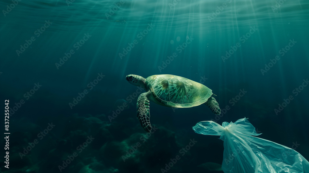 Obraz premium A sea turtle swimming underwater near a plastic bag, highlighting ocean pollution.