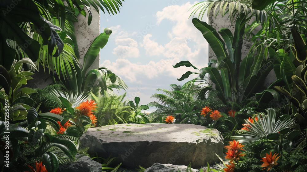 A lush tropical garden with various green plants and vibrant orange flowers surrounding a large stone slab under a partly cloudy sky. A lush tropical garden with various green plants and vibrant orange flowers surrounding a large stone slab under a partly cloudy sky.