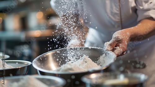 chef cooking desserts and sprinkling icing sugar in professional kitchen closeup photograph