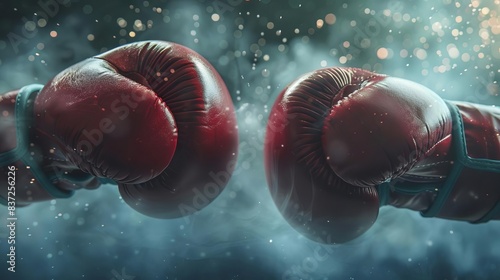 closeup of boxing gloves colliding with force on dark misty background sports action concept photo