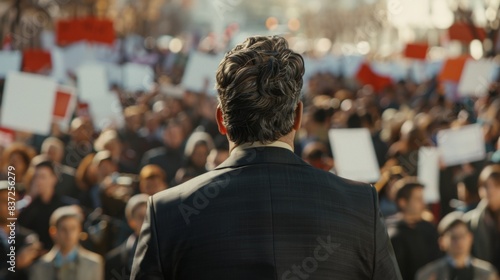 Leader addressing a large crowd during a public demonstration, with signs and banners, seen from behind. Outdoor city gathering.