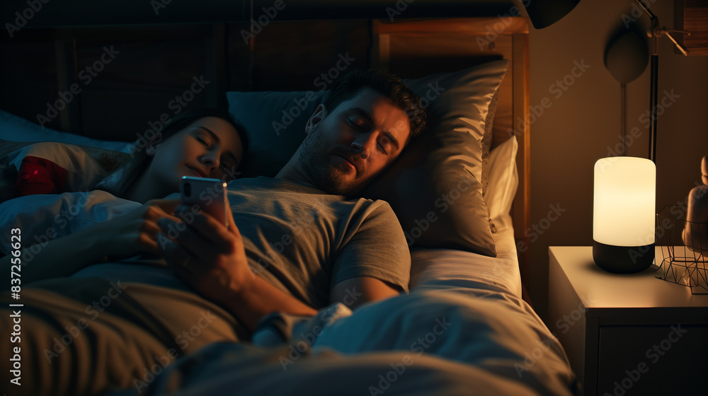 Obraz premium A couple lying in bed at night, with the man using a smartphone while the woman sleeps. A bedside lamp is turned on, providing a warm light.