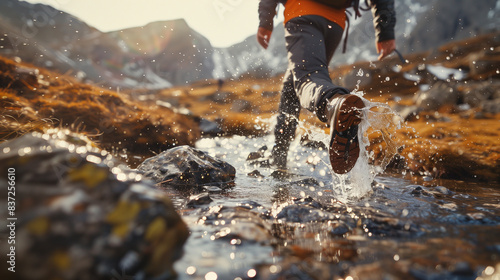 A hiker walking through a shallow stream in a mountainous area, with water splashing around their boots. The scene is set in a rugged