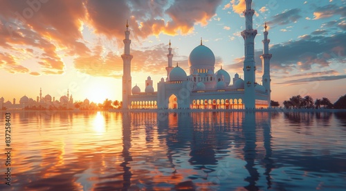 Grand Mosque in Abu Dhabi at Sunset With Palm Trees and Reflecting Water