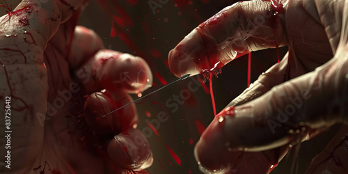 Cycle of self destruction. A razor sharp crack needle and blood on hand. photo