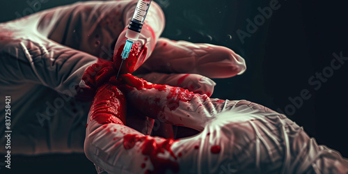 Cycle of self destruction. A razor sharp crack needle and blood on hand. photo