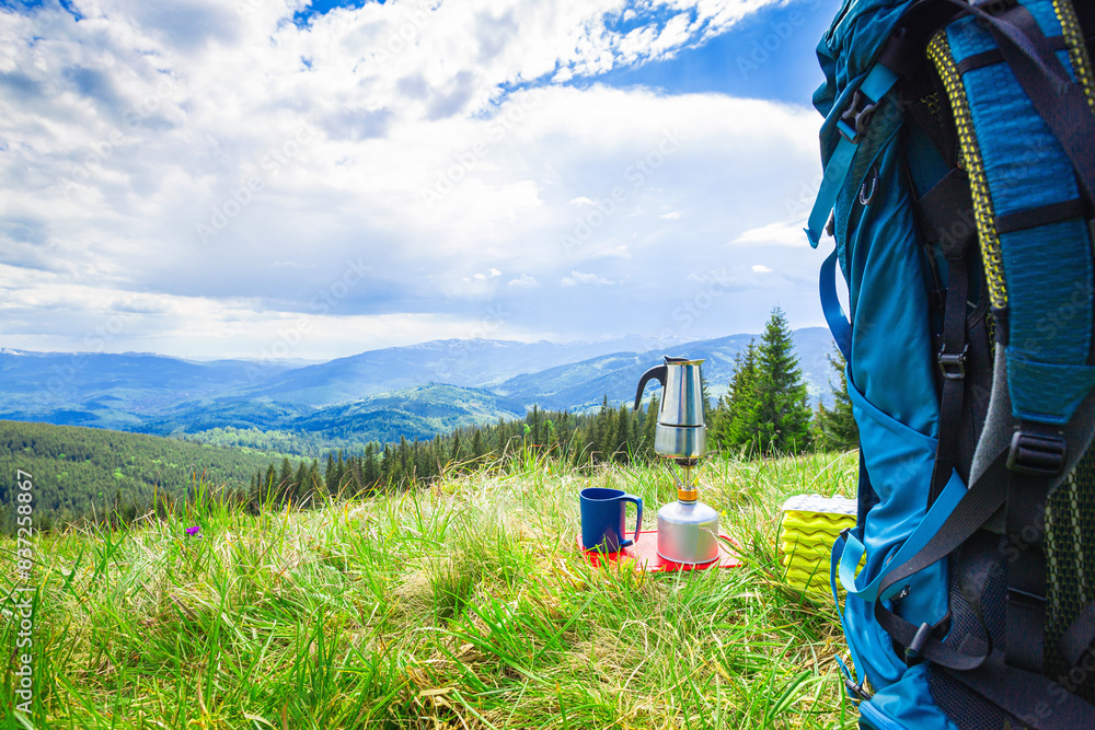 Hiking in the mountains with a backpack. Hiking in the mountains with a backpack.