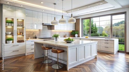Modern white kitchen with a sleek kitchen island featuring a built-in sink and stylish cabinets , kitchen, kitchen island, kitchen sink, modern kitchen, kitchen cabinets © mahat