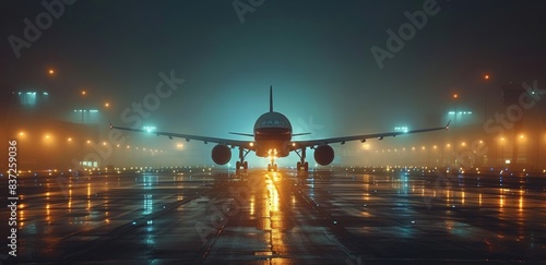 Airplane Taxiing on Runway at Night With Fog