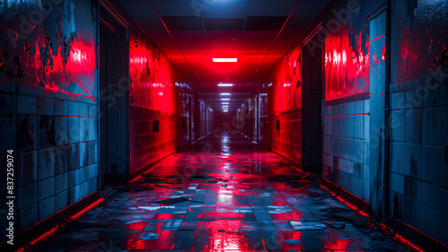 Fantasy horror walkway inside haunted building to exit door with red light . horror book cover .