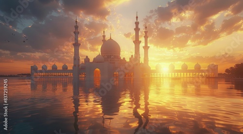 Grand Mosque in Abu Dhabi at Sunset With Palm Trees and Reflecting Water