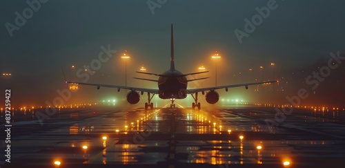 Airplane Taxiing on Runway at Night With Fog