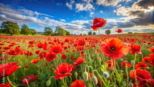 Field of red memorial poppies blooming in a wildflower meadow on Armistice Day photo