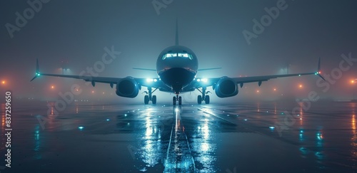 Airplane Taxiing On Wet Runway At Night In Fog
