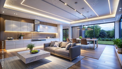 Suspended LED strip lights and downlights illuminating a modern home interior with white walls photo