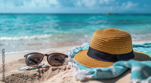 Straw Hat and Sunglasses Resting on Sandy Beach With Ocean in the Background