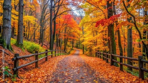 Scenic nature trail in autumn with fallen leaves photo