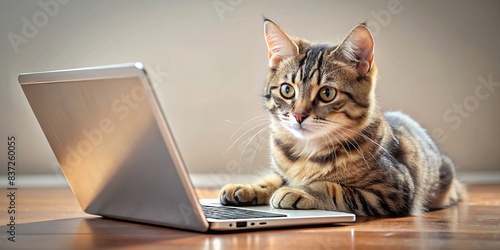 Adorable cat using a laptop to type and browse, perfect for tech lovers photo