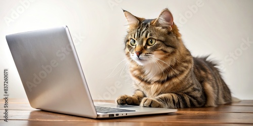 Adorable cat using a laptop to type and browse, perfect for tech lovers photo