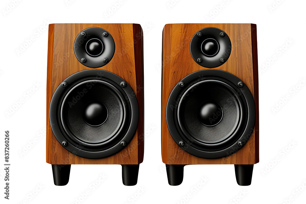 A pair of wooden bookshelf speakers with black drivers. The speakers are isolated on a black background. A pair of wooden bookshelf speakers with black drivers. The speakers are isolated on a black background.