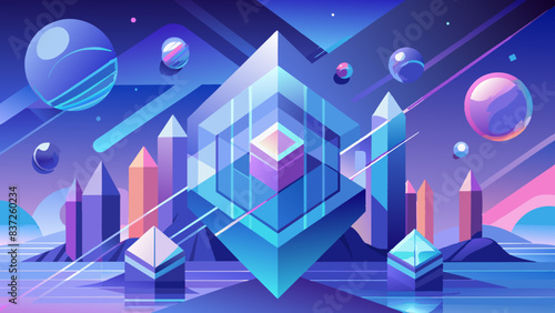 Futuristic Abstract Cityscape with Colorful Planets and Geometric Shapes