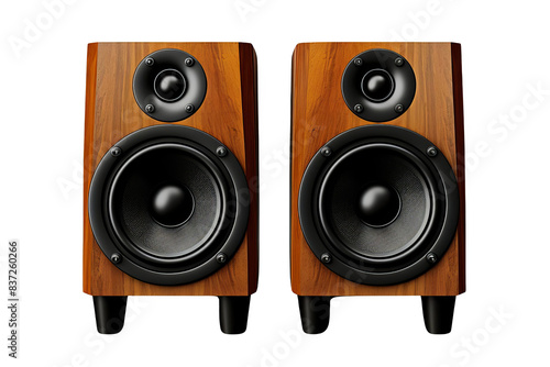 A pair of wooden bookshelf speakers with black drivers. The speakers are isolated on a black background.
