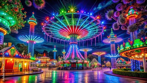 Colorful neon lights illuminating the night sky in a vibrant theme park