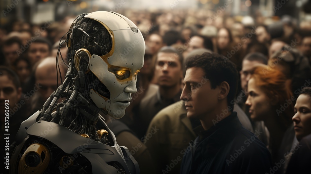 Artistic depiction of a humanoid robot blending into a human crowd, subtle integration, wide angle Artistic depiction of a humanoid robot blending into a human crowd, subtle integration, wide angle