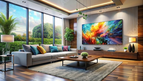Contemporary living room with digital design   modern  interior  furniture  decor  technology  virtual  AI  simulation  minimalist  stylish  trendy  chic  comfortable  cozy  clean