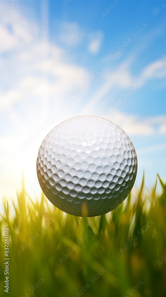 Close view of a golf ball on tee, clear skies and sunlight, perfect for wallpaper Close view of a golf ball on tee, clear skies and sunlight, perfect for wallpaper