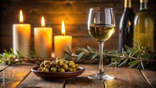 A burning candle surrounded by a glass of white wine and olives on a table