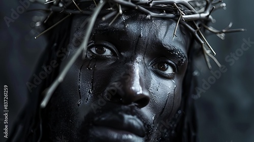 ethereal black jesus with crown of thorns transcendent faith photorealistic portrait