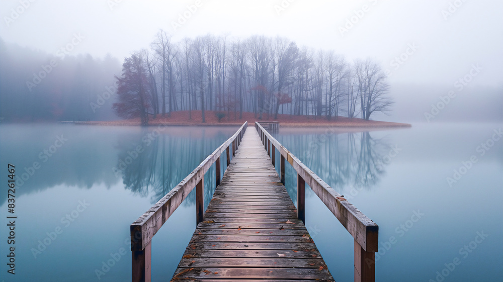 Fototapeta premium Wooden pier on peaceful lake with beautiful nature scene .