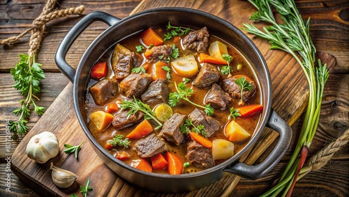 Hungarian braised venison stew with vegetables and herbs in a savory sauce, beautifully presented in a designer Dutch oven
