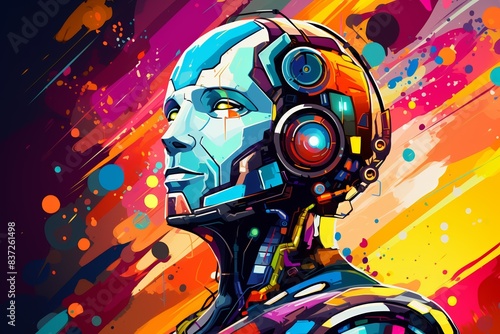 Colorful illustration of a humanoid robot in action, vibrant background, eye-level shot