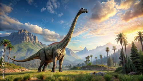 A realistic of a Brachiosaurus towering over a prehistoric landscape , Brachiosaurus, dinosaur, prehistoric, herbivore, Jurassic, reptile, long neck, giant, extinct, animal, ancient © joompon