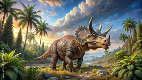 A detailed of a Triceratops dinosaur in a natural setting  prehistoric  herbivore  extinct  dinosaur  ancient  horns  three-horned  cretaceous  reptile  wildlife  creature  large