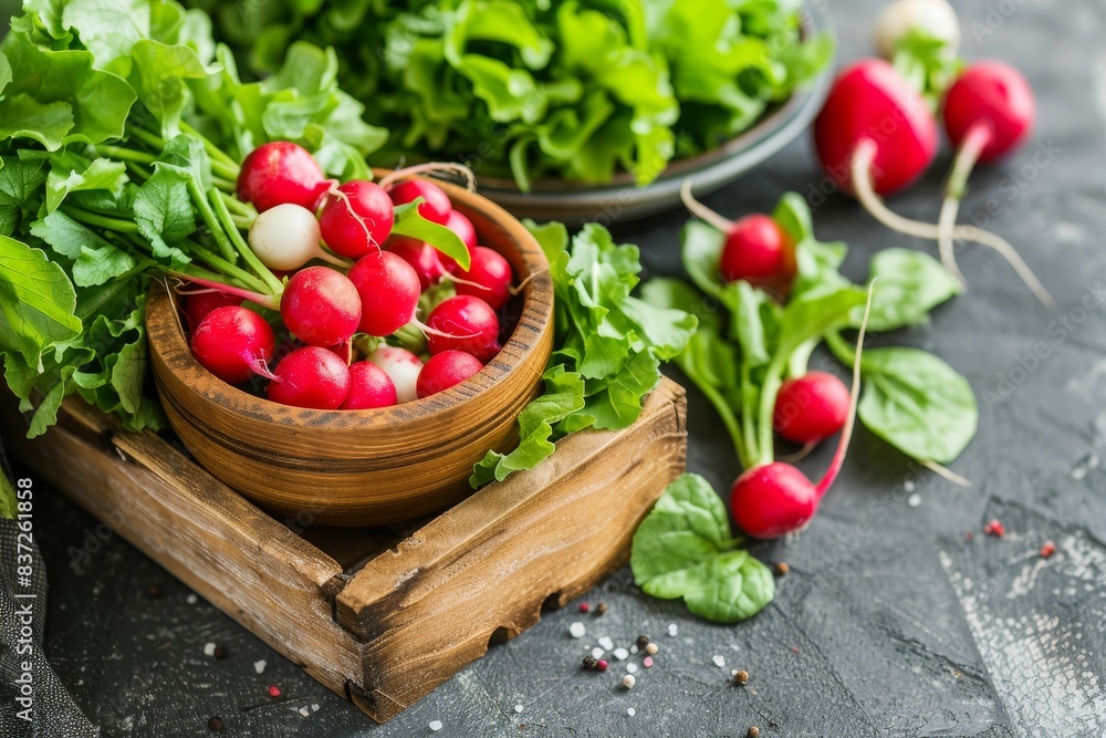 Bunch of fresh raw radish in wooden bowl on kitchen table with fresh fruit, greens, vegetables in wooden tray on grey stone background table, cooking healthy diet vegetarian food meal concept. Bunch of fresh raw radish in wooden bowl on kitchen table with fresh fruit, greens, vegetables in wooden tray on grey stone background table, cooking healthy diet vegetarian food meal concept.
