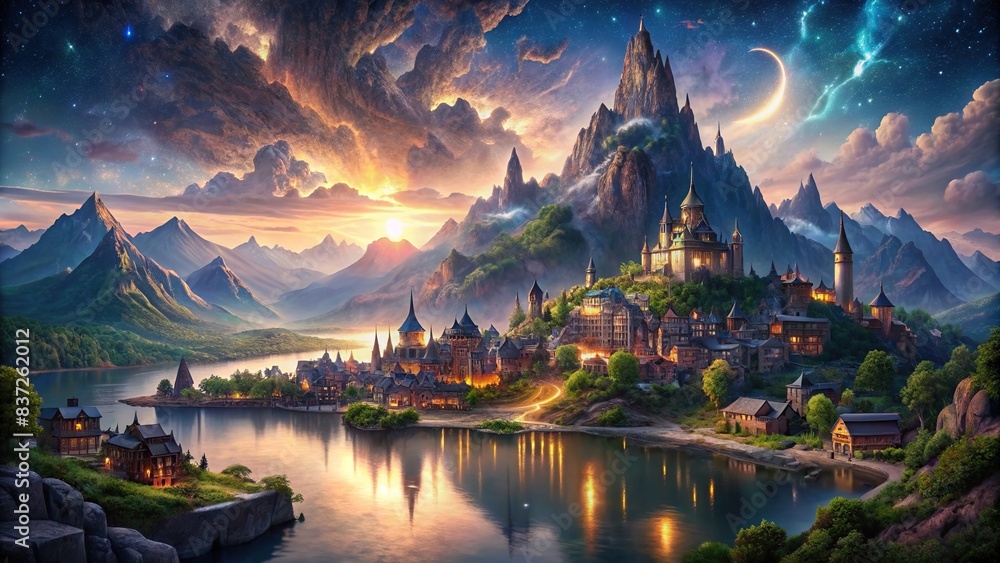 Fantasy landscape featuring medieval towns, towering mountain, lake, and magical night sky , fantasy, landscape, medieval, town, mountain, lake, night sky, magical, fantasy landscape