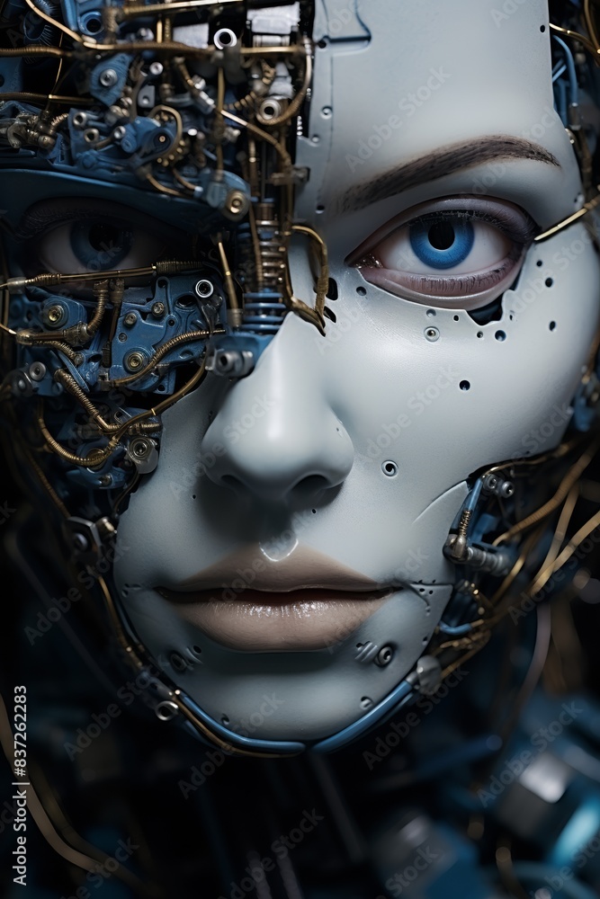 Digital art of a humanoid robot with expressive eyes, detailed wiring, close-up view Digital art of a humanoid robot with expressive eyes, detailed wiring, close-up view