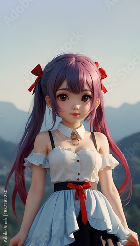 Anime Girl with Purple Hair and Red Ribbons photo