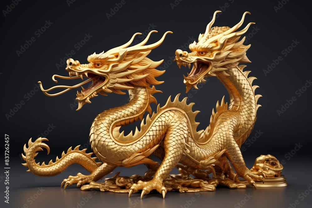 Fototapeta premium Elegant golden dragon 3D model, coiled position, detailed craftsmanship, eye-level