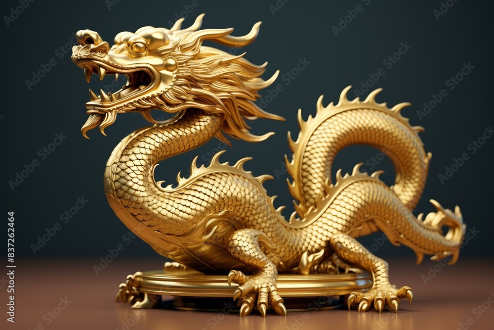 Fototapeta premium Elegant golden dragon 3D model, coiled position, detailed craftsmanship, eye-level