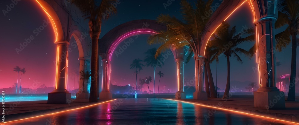 Obraz premium Neon Lit Tropical Archway at Night