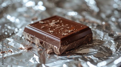 A Piece of Dark Chocolate on Silver Foil Wrapping