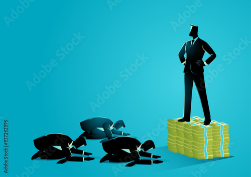 Businessmen bowing down and worshipping a man standing atop a stack of money, illustrating themes of the power of money in the social hierarchy, financial dependency, authority and economic dominance