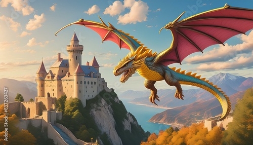 A dragon flying over a historical castle, medieval age photo